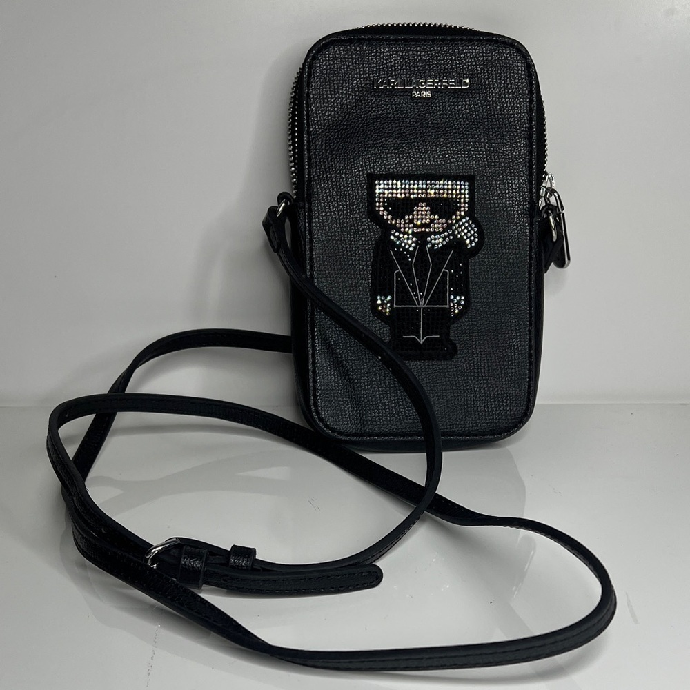 Karl Lagerfeld Paris Maybelle Phone Crossbody Bag Vegan Leather Crystal Logo
